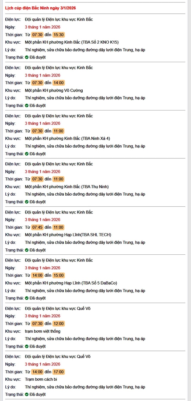 Tra cứu lịch cắt điện Bắc Ninh hôm nay Thứ 7 ngày 3/1/2026- Ảnh 1.