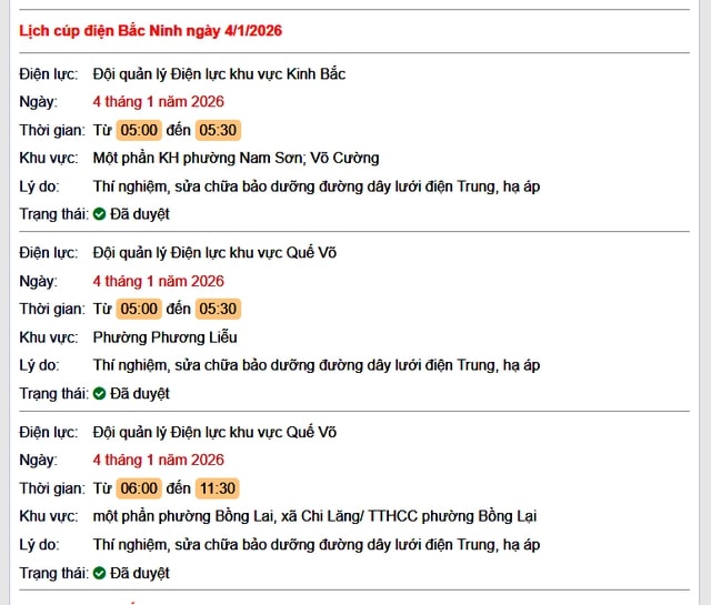 Tra cứu lịch cắt điện Bắc Ninh hôm nay Chủ Nhật ngày 4/1/2026- Ảnh 1.