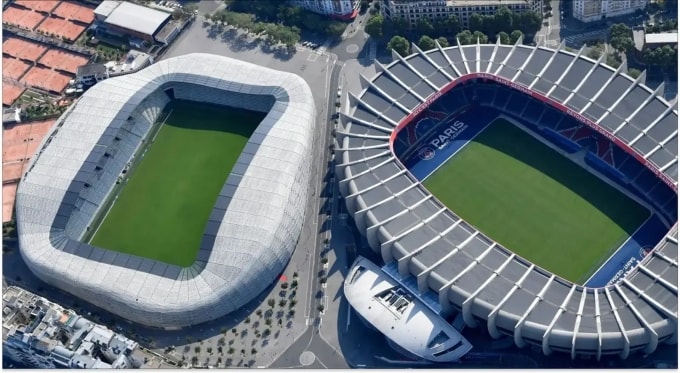 Sân Jean-Bouin của Paris FC (trái), bên cạnh sân Parc des Princes. Ảnh: Fotmob