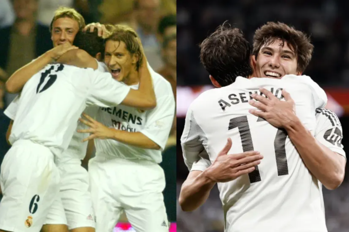 Ảnh trái là Guti, Helguera và Salgado mừng bàn năm 2002, ảnh phải là Gonzalo và Asencio ăn mừng năm 2026. Ảnh: Marca / EFE