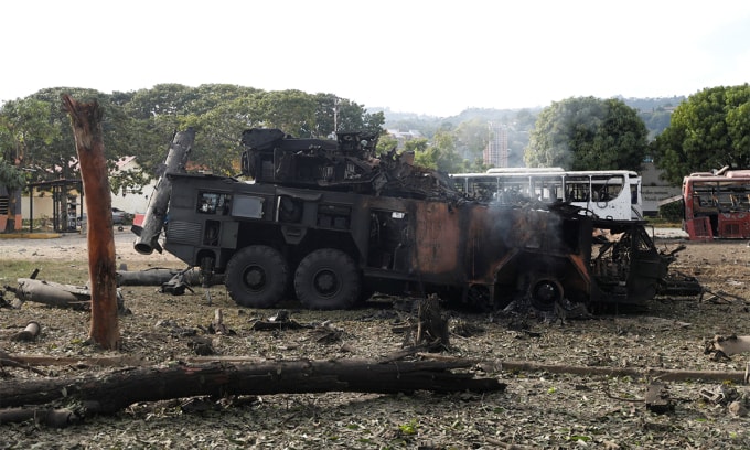 Tổ hợp phòng không được cho là Buk-M2E bị phá hủy tại căn cứ không quân La Carlota, Caracas, Venezuela ngày 3/1. Ảnh: Reuters