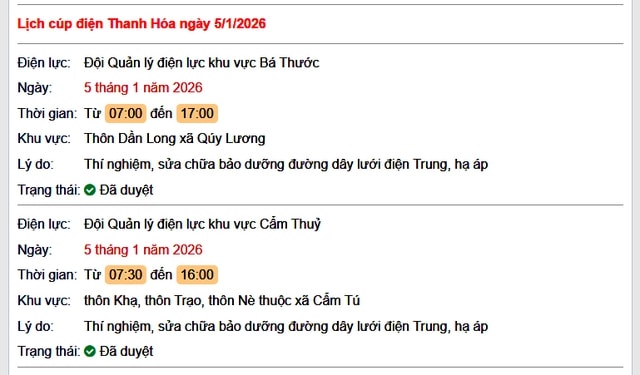 Tra cứu lịch cắt điện Thanh Hóa hôm nay Thứ 2 ngày 5/1/2026- Ảnh 1.