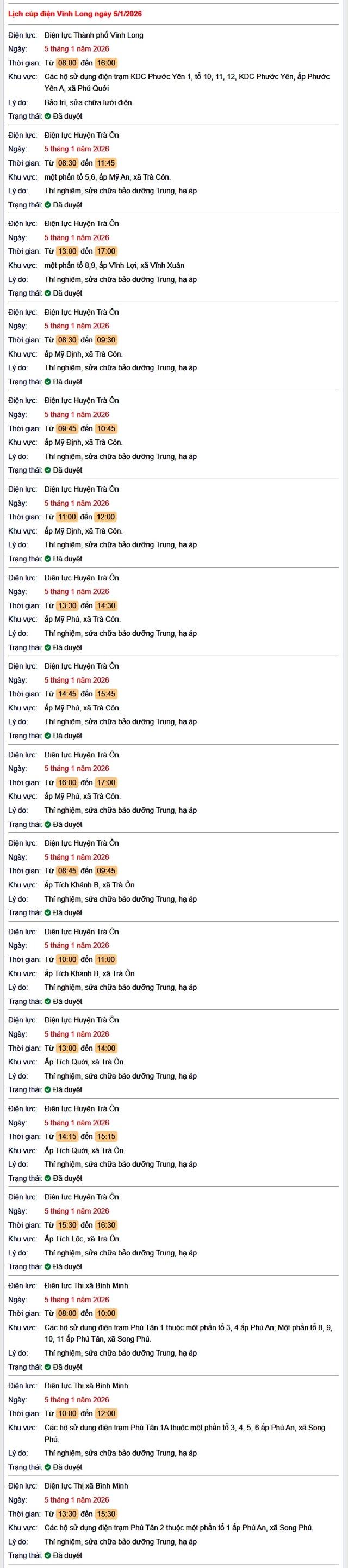 Tra cứu lịch cúp điện Vĩnh Long hôm nay Thứ 2 ngày 5/1/2026- Ảnh 1.