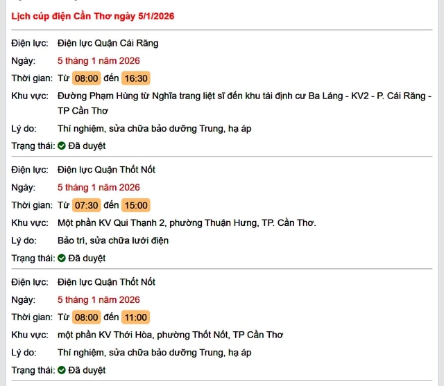 Tra cứu lịch cúp điện Cần Thơ hôm nay Thứ 2 ngày 5/1/2026- Ảnh 1.