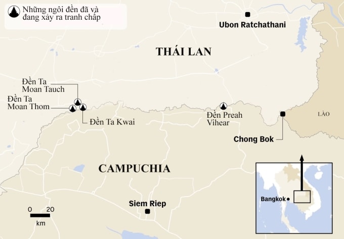 Chong Bok và một số khu vực dọc biên giới Campuchia - Thái Lan. Đồ họa: CNA