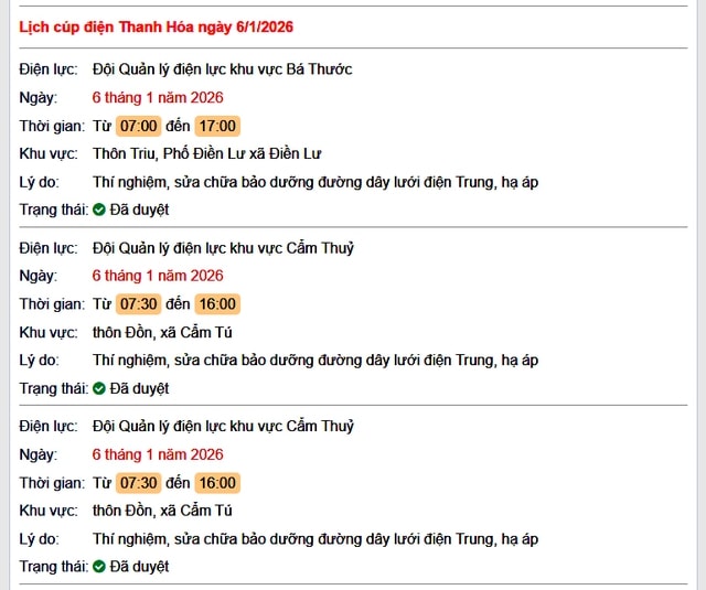 Tra cứu lịch cắt điện Thanh Hóa hôm nay Thứ 3 ngày 6/1/2026- Ảnh 1.