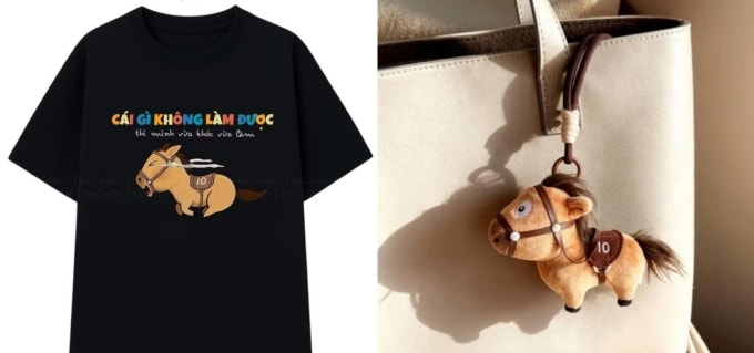 Áo phông in slogan Cái gì không làm được thì mình vừa khóc vừa làm và móc khóa ngựa được nhiều cửa hàng sản xuất. Ảnh: TeeCode, Bông Gòn