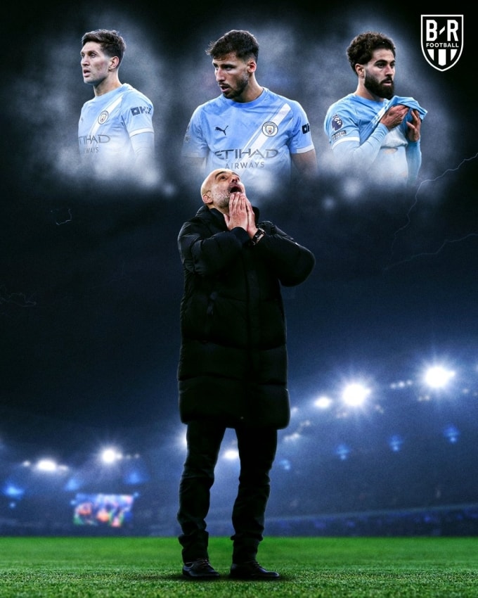 HLV Guardiola sẽ bí bách về nhân sự khi vắng cùng lúc ba hậu vệ tốt nhất - Stones (trái), Dias (giữa) và Gvardiol. Ảnh: BR