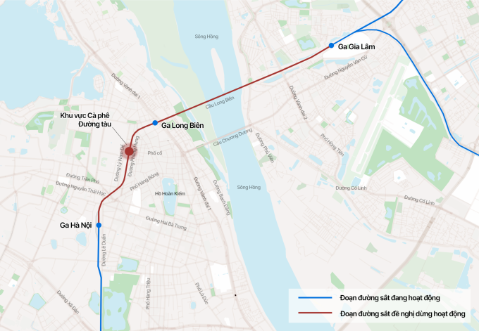 Tuyến đường sắt được đề nghị dừng hoạt động trong trung tâm Hà Nội. Đồ họa: Tâm Thảo