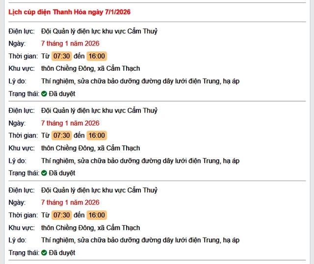 Tra cứu lịch cắt điện Thanh Hóa hôm nay Thứ 4 ngày 7/1/2026- Ảnh 1.