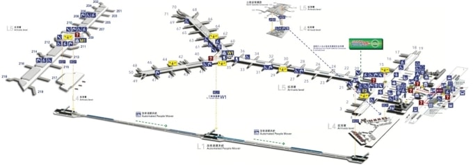 Sơ đồ cổng và luồng di chuyển hành khách của Sân bay Quốc tế Hong Kong. Ảnh: Checkerboard Hill