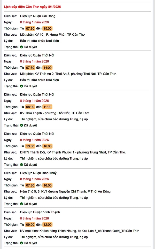 Tra cứu lịch cúp điện Cần Thơ hôm nay Thứ 5 ngày 8/1/2026- Ảnh 1.