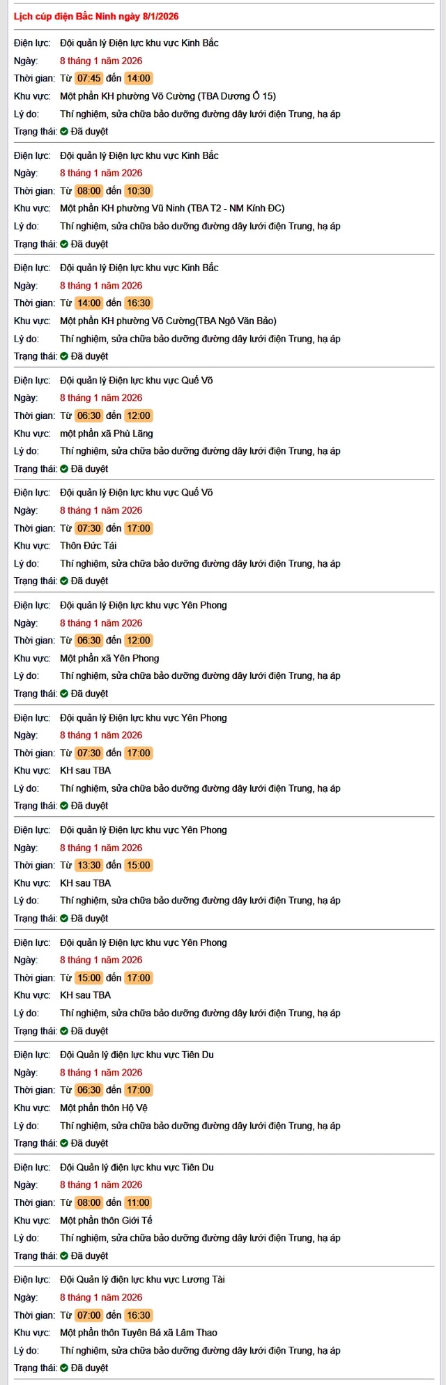 Tra cứu lịch cắt điện Bắc Ninh hôm nay Thứ 5 ngày 8/1/2026- Ảnh 1.