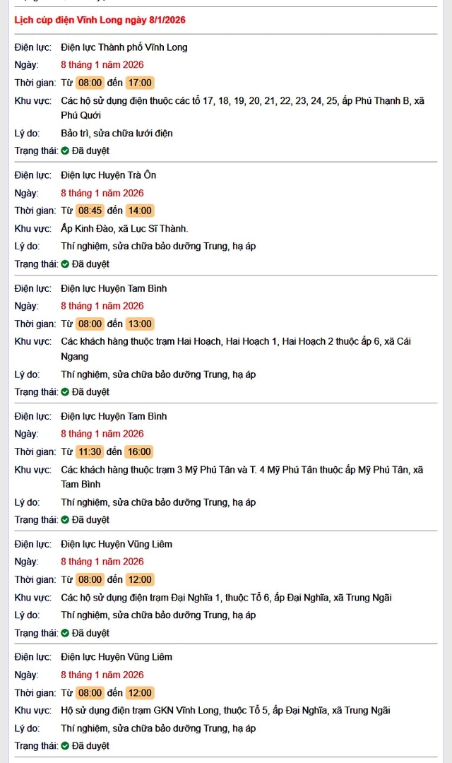 Tra cứu lịch cúp điện Vĩnh Long hôm nay Thứ 5 ngày 8/1/2026- Ảnh 1.