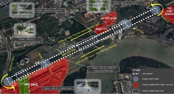 Thiết kế làn đường ưu tiên xe đạp trên đại lộ Mai Chí Thọ. Ảnh: Trung tâm Quản lý điều hành giao thông đô thị