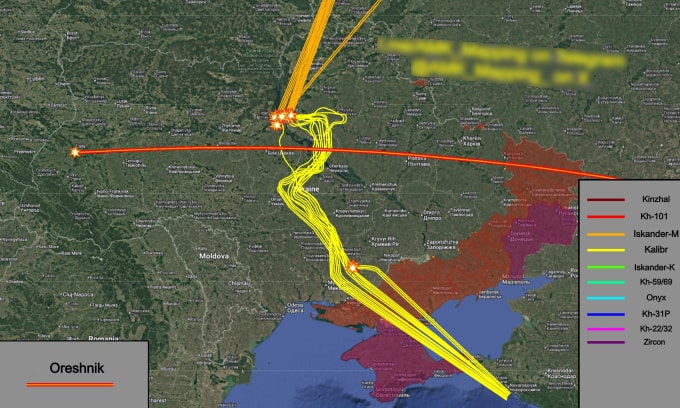 Đường bay của tên lửa Nga trong vụ tập kích ngày 8/1. Đồ họa: X/AMK Mapping