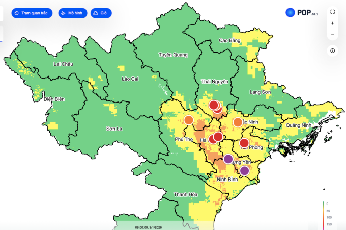 Bản đồ ô nhiễm không khí ở miền Bắc, sáng 9/1. Ảnh: VietnamAir