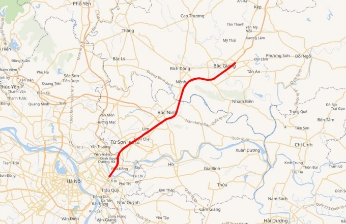 Đoạn cao tốc Hà Nội - Bắc Giang hiện nay dài 46 km. Ảnh: Google Maps