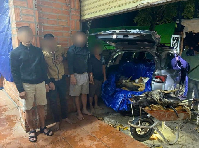 Nhóm người cùng tang vật bị cảnh sát tạm giữ. Ảnh: Công an cung cấp