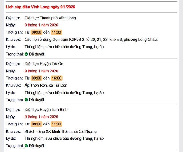Tra cứu lịch cúp điện Vĩnh Long hôm nay Thứ 6 ngày 9/1/2026- Ảnh 1.