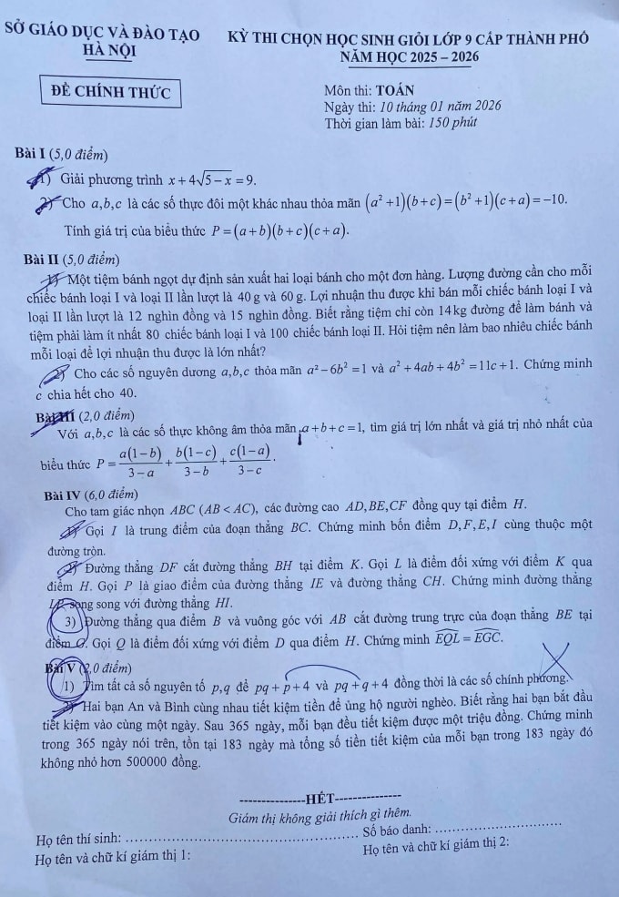 Đề và lời giải môn Toán lớp 9 thi học sinh giỏi thành phố Hà Nội