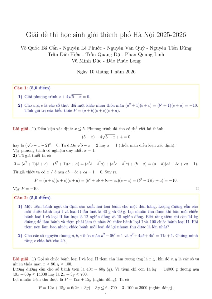 Đề và lời giải môn Toán lớp 9 thi học sinh giỏi thành phố Hà Nội - 1