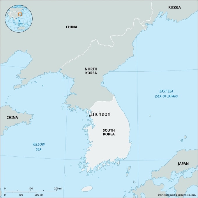 Vị trí thành phố Incheon của Hàn Quốc. Đồ họa: Britannica