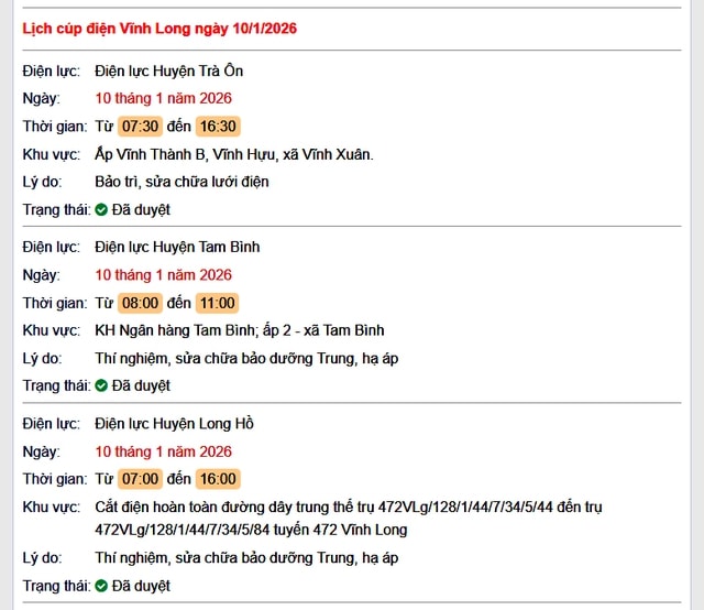Tra cứu lịch cúp điện Vĩnh Long hôm nay Thứ 7 ngày 10/1/2026- Ảnh 1.