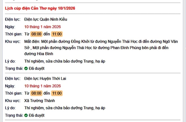 Tra cứu lịch cúp điện Cần Thơ hôm nay Thứ 7 ngày 10/1/2026- Ảnh 1.