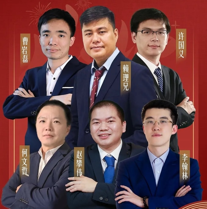 Lại Lý Huynh (hàng trên, giữa) cùng năm kỳ thủ Trung Quốc tại giải Tửu Tố Đỗ Khang ở thành phố Trịnh Châu, tỉnh Hà Nam, Trung Quốc. Ảnh: GDChess