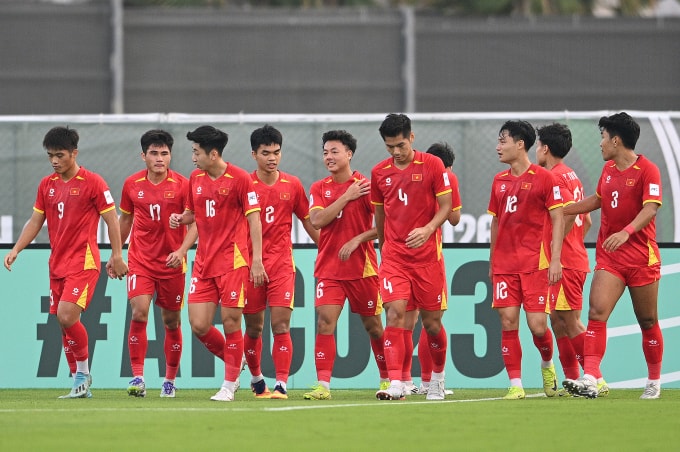 Cầu thủ Việt Nam trong trận thắng Kyrgyzstan 2-1 ở lượt hai bảng A VCK U23 châu Á 2026, trên sân King Abdullah ở Jeddah, Arab Saudi ngày 9/1/2026. Ảnh: AFC