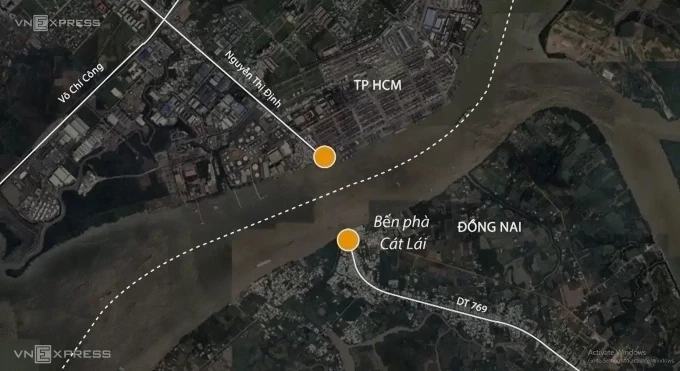 Vị trí dự kiến xây cầu Cát Lái. Đồ họa: Hoàng Khánh