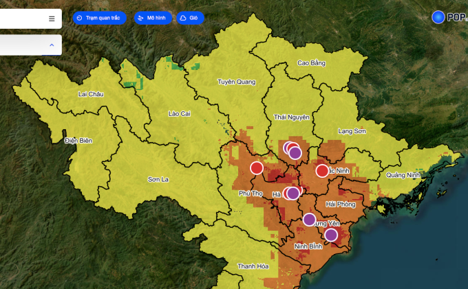 Bản đồ mức độ ô nhiễm không khí ở miền Bắc. Ảnh: Vietnamair