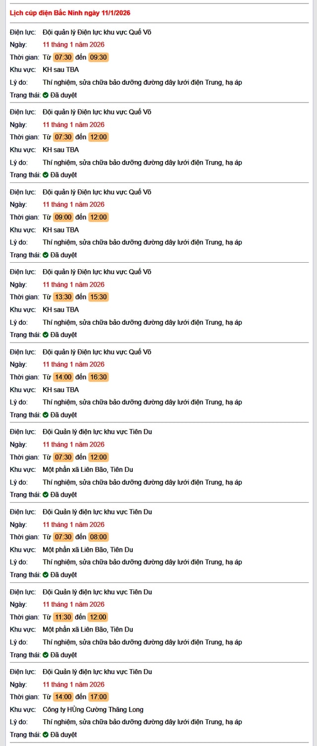 Tra cứu lịch cắt điện Bắc Ninh hôm nay Chủ Nhật ngày 11/1/2026- Ảnh 1.