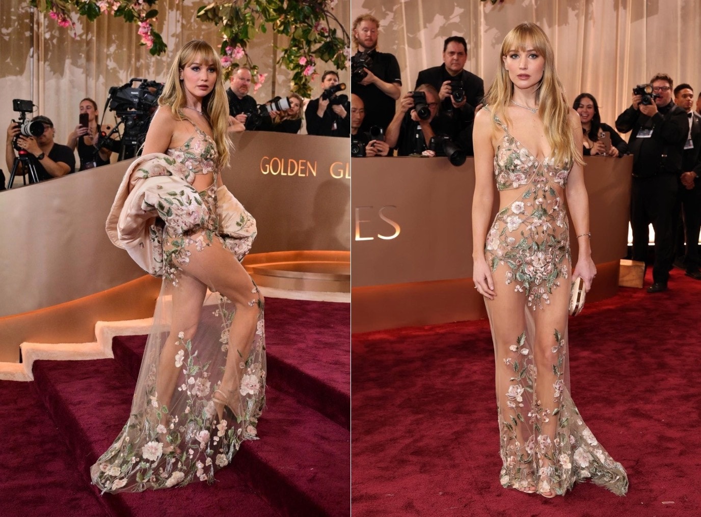 Người đẹp Jennifer Lawrence gây ấn tượng với chiếc váy hoa xuyên thấu khoe trọn vóc dáng gợi cảm.