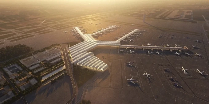 Phối cảnh sân bay Port Polska nhìn từ trên cao. Ảnh: Foster + Partners