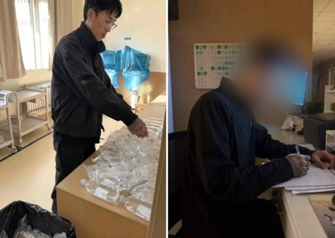 Trong video, bạn trai của nữ điều dưỡng đang giúp bạn gái các công việc vốn chỉ dành cho nhân viên y tế có bằng cấp như dãn nhãn chai truyền dịch... Ảnh chụp màn hình