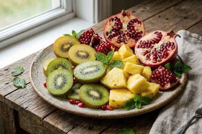 Trái cây giàu chất chống oxy hóa giúp ổn định tâm trạng, giảm stress. Ảnh được tạo bởi AI