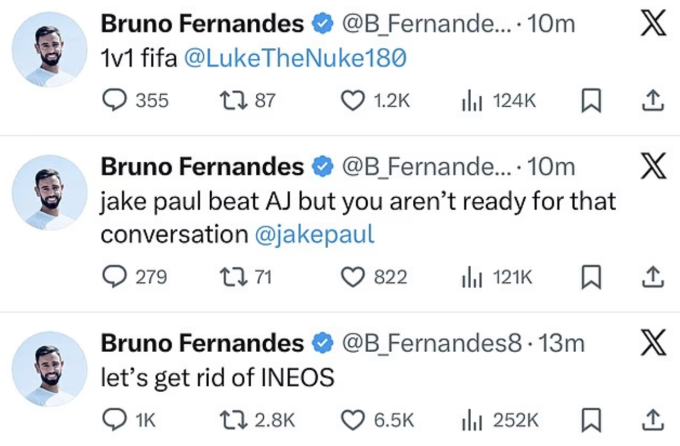 Một số bài đăng sau khi tài khoản mạng xã hội của Bruno Fernandes bị hack.