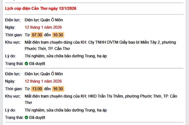 Tra cứu lịch cúp điện Cần Thơ hôm nay Thứ 2 ngày 12/1/2026- Ảnh 1.