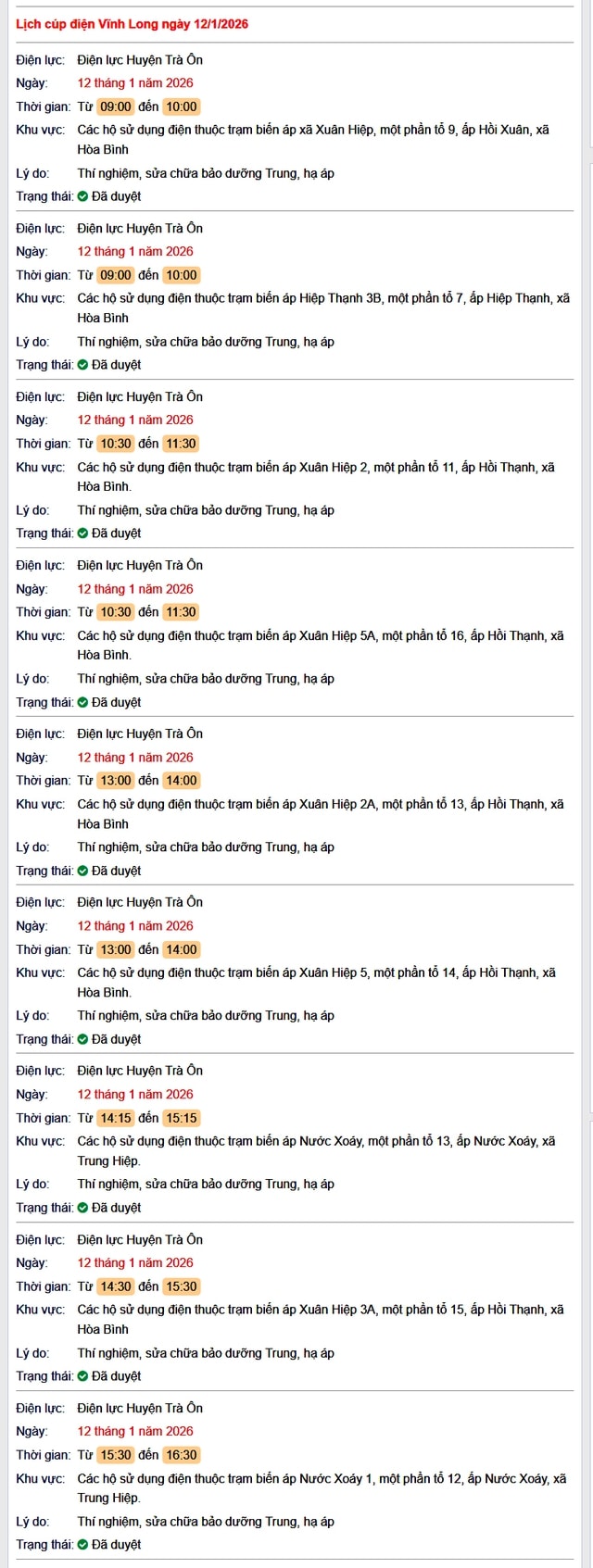 Tra cứu lịch cúp điện Vĩnh Long hôm nay Thứ 2 ngày 12/1/2026- Ảnh 1.