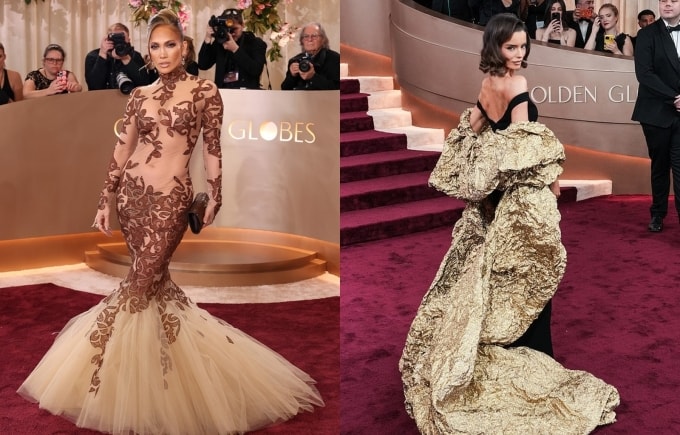 Jennifer Lopez (trái), Maura Higgins nằm trong nhóm sao mặc xấu ở Quả Cầu Vàng 2026. Ảnh: PA Wire
