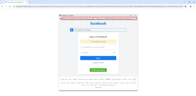 Cuộc tấn công yêu cầu người dùng đăng nhập bằng cửa sổ pop-up của Facebook. Đây là điểm mấu chốt, vì pop-up này chứa URL thật của Facebook khiến người dùng không nghi ngờ. Ảnh: Trellix