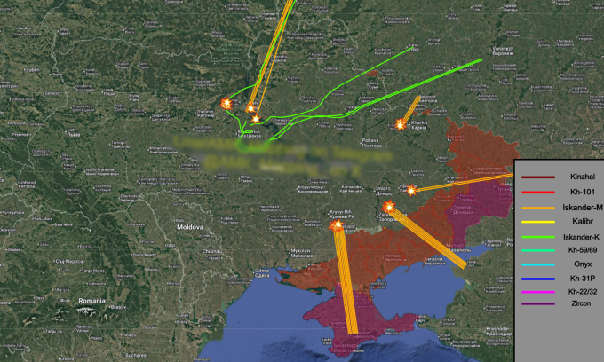 Đường bay của tên lửa Nga trong vụ tập kích hôm 13/1. Đồ họa:  X/AMK Mapping
