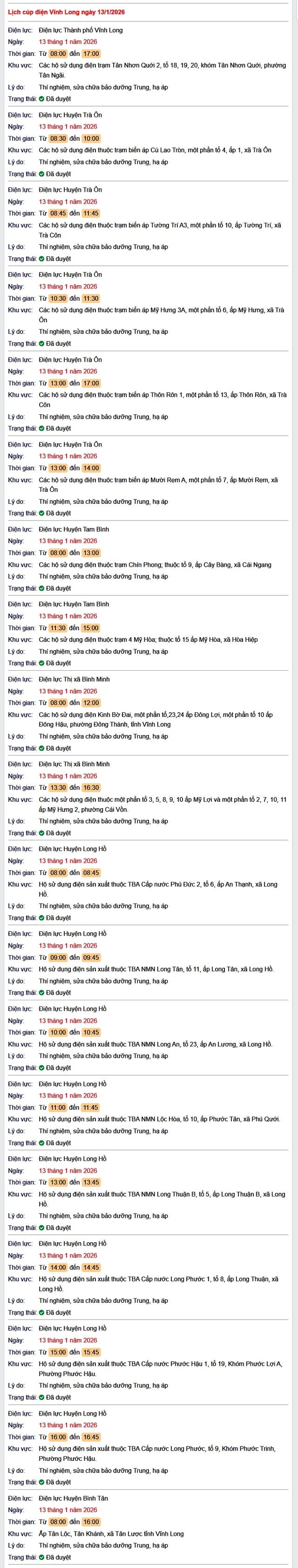 Tra cứu lịch cúp điện Vĩnh Long hôm nay Thứ 3 ngày 13/1/2026- Ảnh 1.