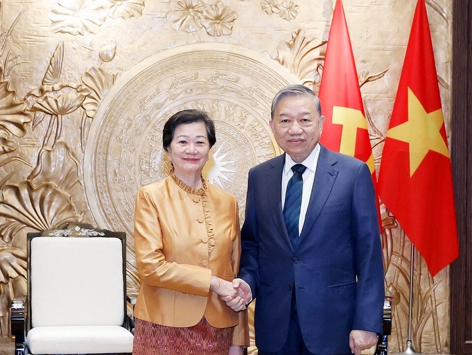 Tổng Bí thư Tô Lâm tiếp Đại sứ Vương quốc Campuchia tại Việt Nam Chea Kimtha đến chào từ biệt nhân dịp kết thúc nhiệm kỳ công tác. (Ảnh: Thống Nhất/TTXVN)