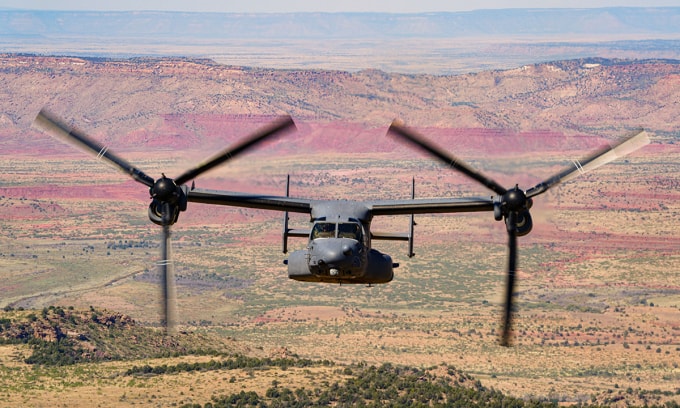 Trực thăng lai CV-22 Phi đoàn Đặc nhiệm số 20 bay huấn luyện ở bang New Mexico tháng 10/2024. Ảnh: USAF
