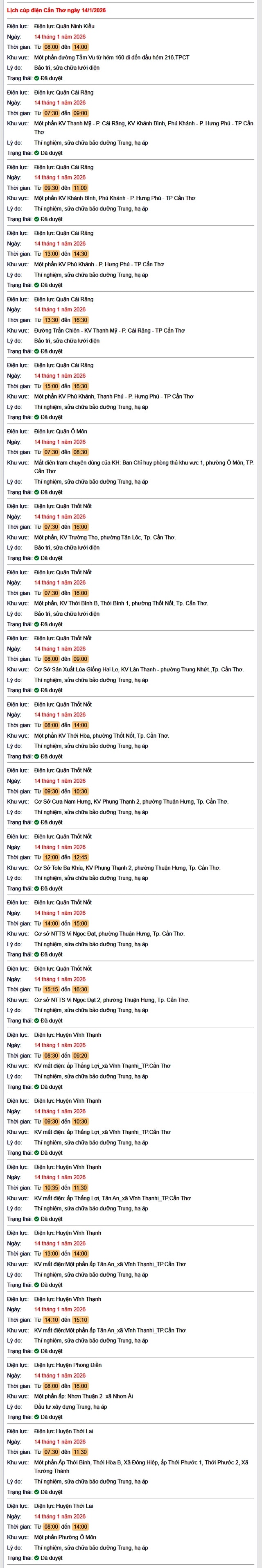 Tra cứu lịch cúp điện Cần Thơ hôm nay Thứ 4 ngày 14/1/2026- Ảnh 1.