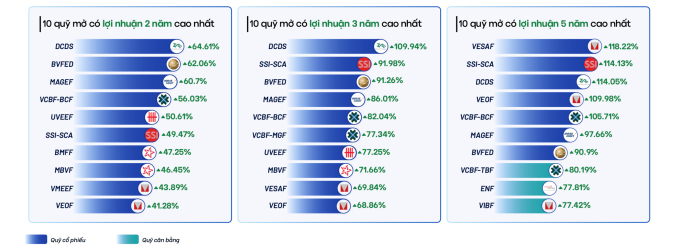 10 quỹ mở có lợi nhuận cao nhấ thị trường xét trên khung thời gian 2-3-5 năm. Đồ họa: Fmarket