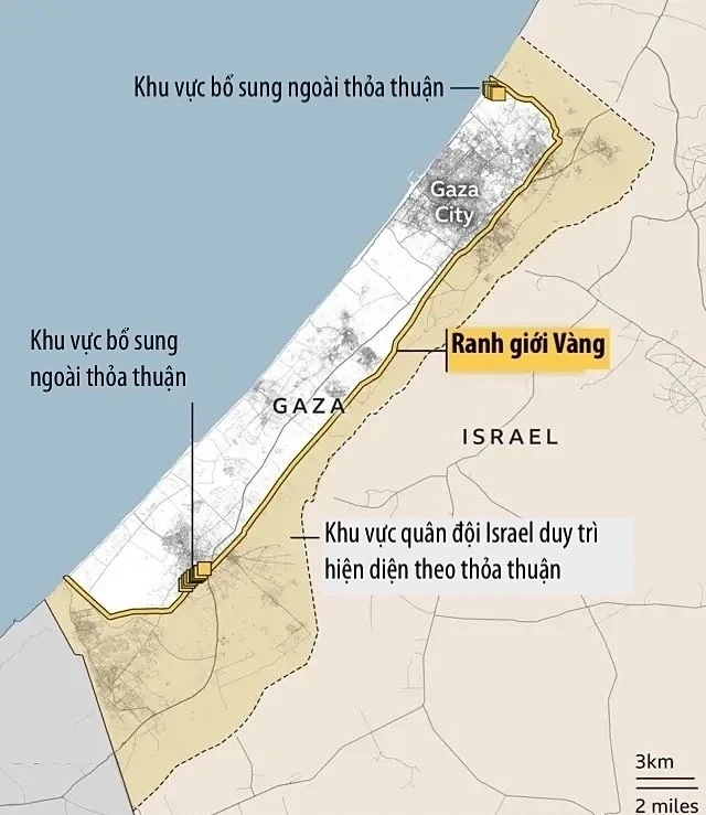 Ranh giới Vàng giữa khu vực quân đội Israel duy trì hiện diện và khu vực Hamas còn kiểm soát theo thỏa thuận ngừng bắn. Đồ họa: BBC